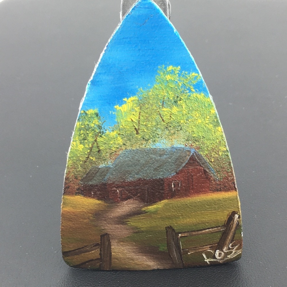 Antique Iron Hand Painted Oil Painting Rustic Farm Red Barn Signed Art Rose Mini - Picture 13 of 13